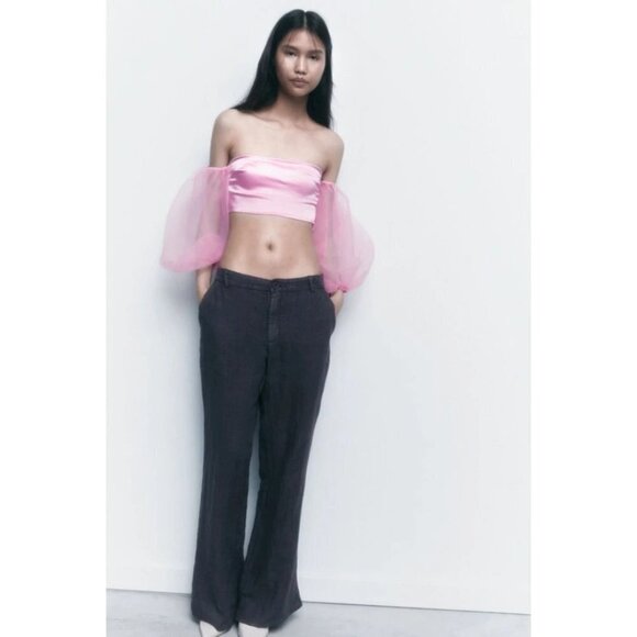 NWOT Zara bubblegum pink contrasting organza balloon sleeve crop top, L - Picture 5 of 12